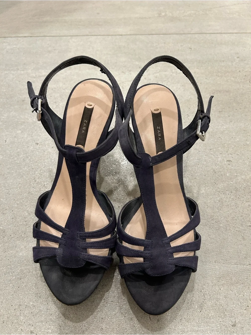 Zara Deep Blue Suede T-Strap Platform High Heel Sandals Good Used Condition